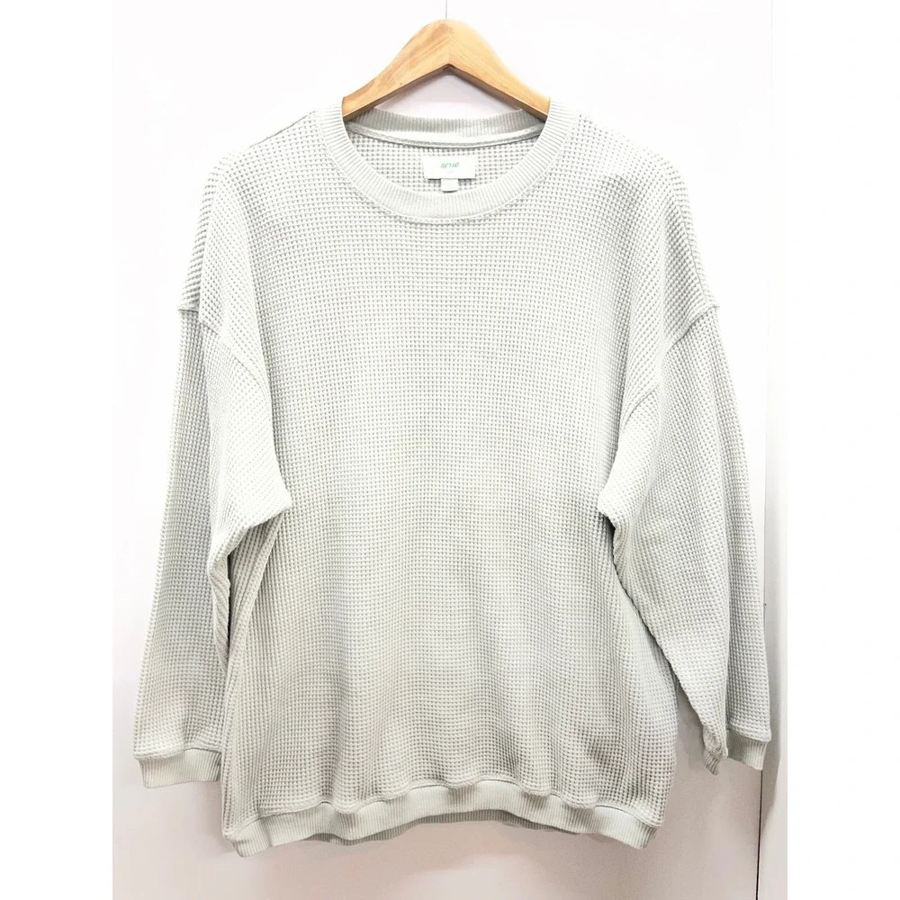 Aerie Womens Oversized Waffle Knit Crewneck Sweatshirt Mint Green Small - Picture 1 of 4